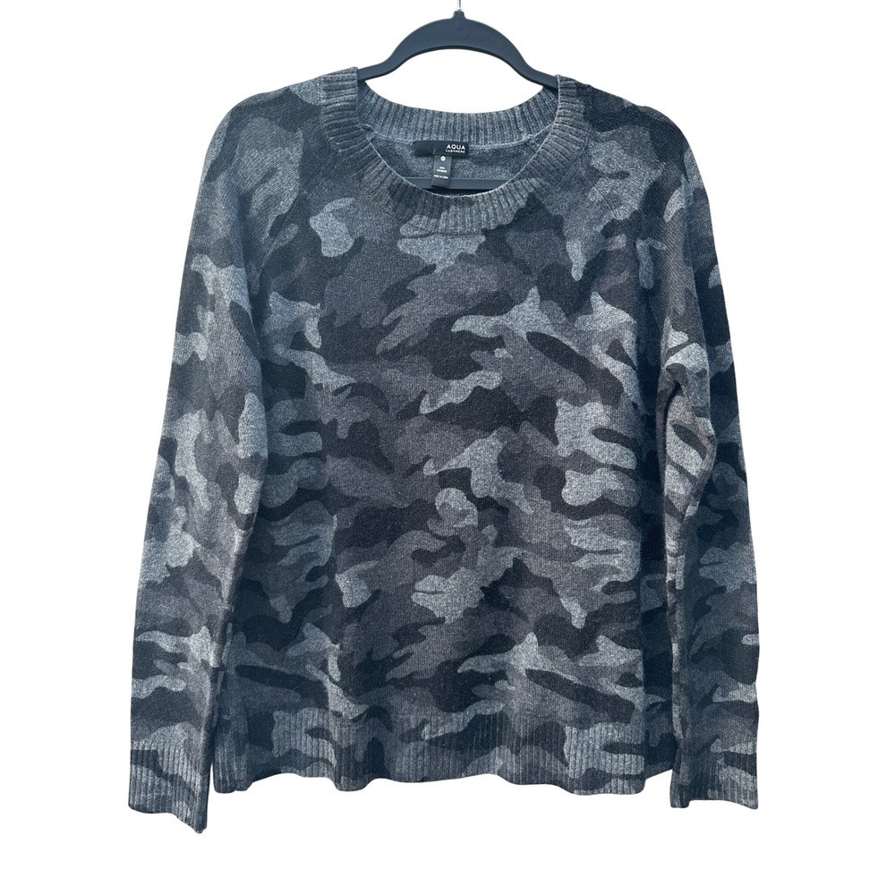 Aqua Cashmere Grey Camouflage Crewneck Sweater 100% Cashmere Medium